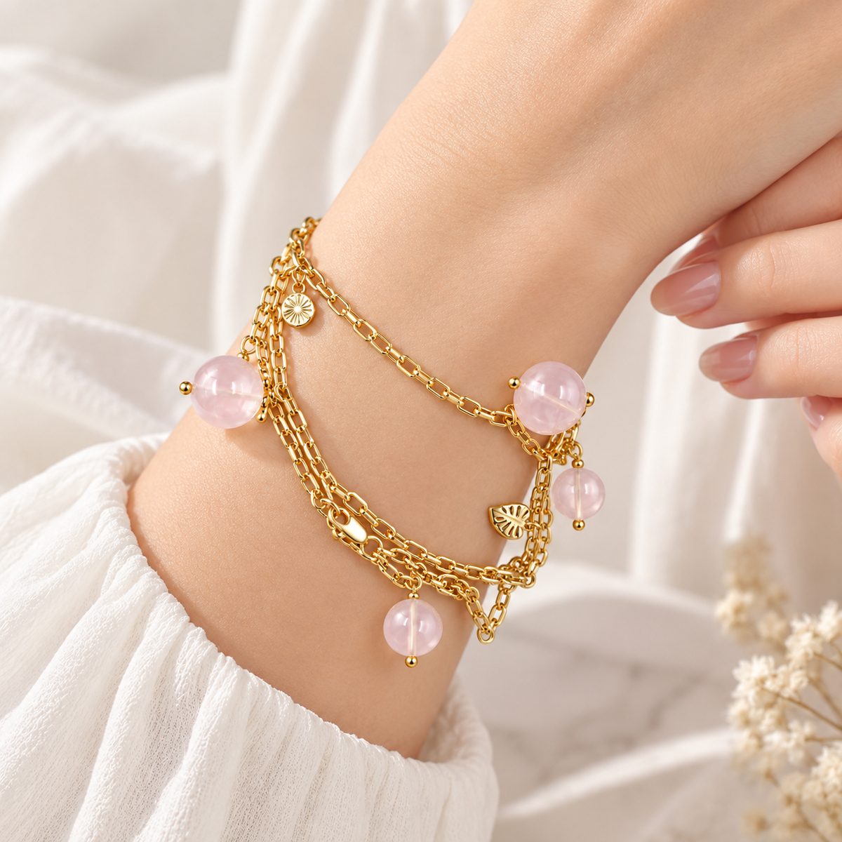 Gold-Plated Rose & Rose Quartz Bracelet