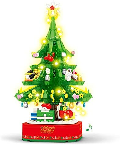 Tree Building Block With Music Box & Led Light, Christmas Building Blocks Toddler Toys - Rotating Christmas Tree 2025 Building Set for Boys And Girls, Xmas Gift for Kids 3-18, Christmas Tree