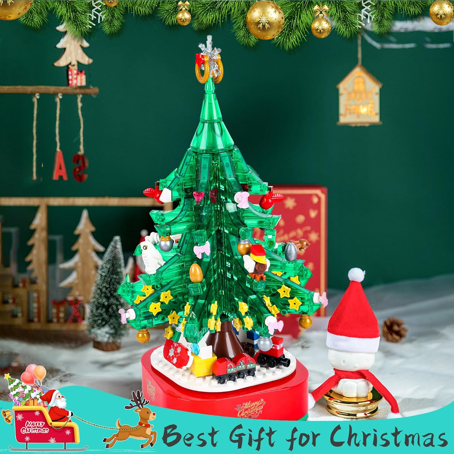 Tree Building Block With Music Box & Led Light, Christmas Building Blocks Toddler Toys - Rotating Christmas Tree 2025 Building Set for Boys And Girls, Xmas Gift for Kids 3-18, Christmas Tree