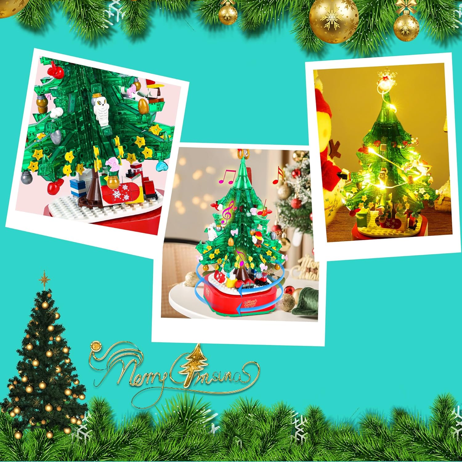 Tree Building Block With Music Box & Led Light, Christmas Building Blocks Toddler Toys - Rotating Christmas Tree 2025 Building Set for Boys And Girls, Xmas Gift for Kids 3-18, Christmas Tree