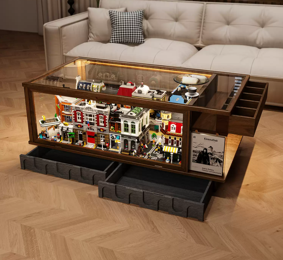 Glass Top Coffee Cocktail Table Transparent Rectangle Glass Top Building Block Castle Model 130 "Lx 70"W x 55H (cm)