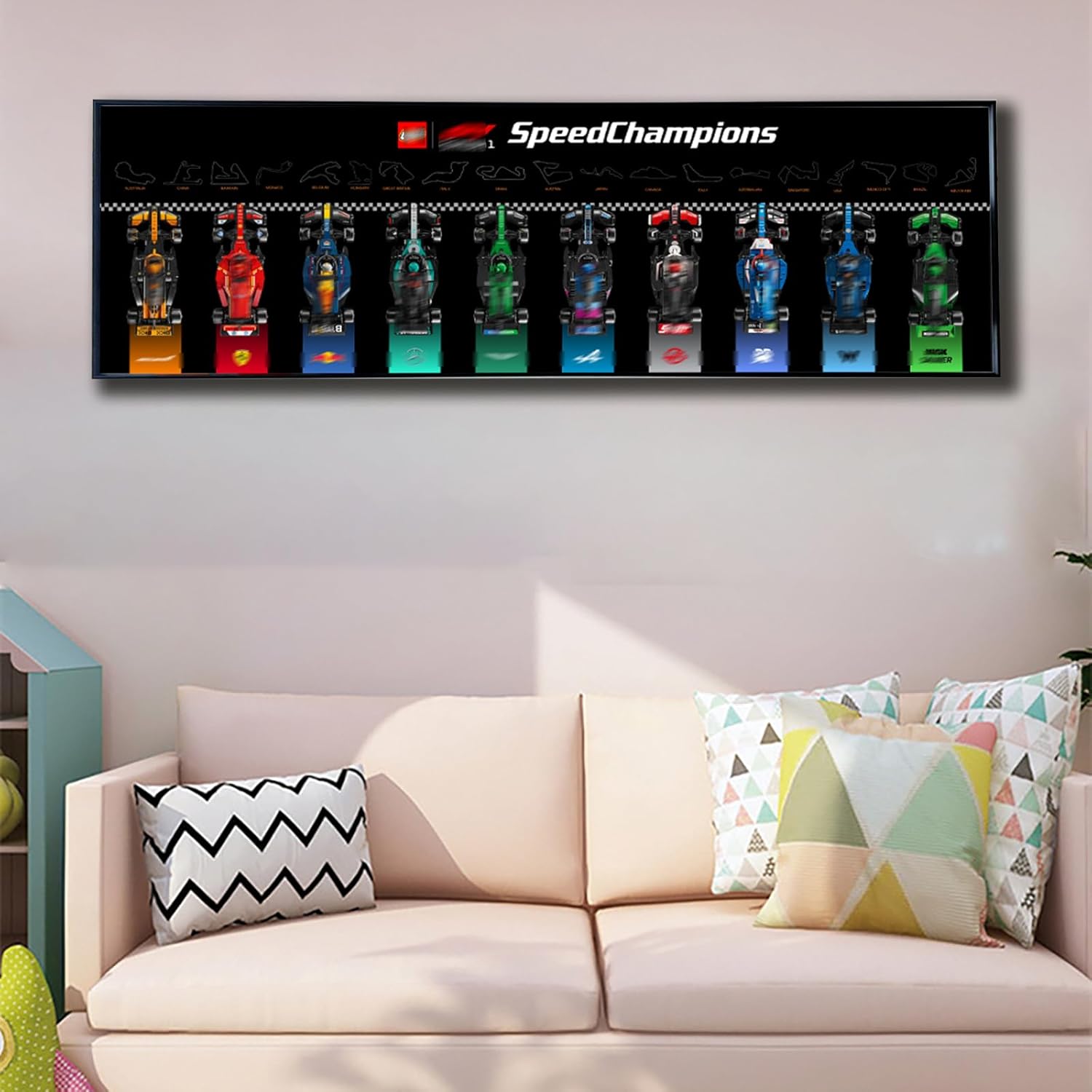 LEGO F1 Speed Champions Magnetic Display Wall Mount - Compatible with 10 Magnetic Racing Cars, Lego Fans (Only for Wall Board) (LED Lighting - Speed Champions)